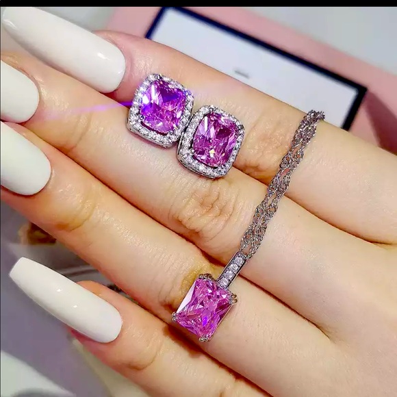 Round Crystal 925 Sterling Silver Jewelry Set pink